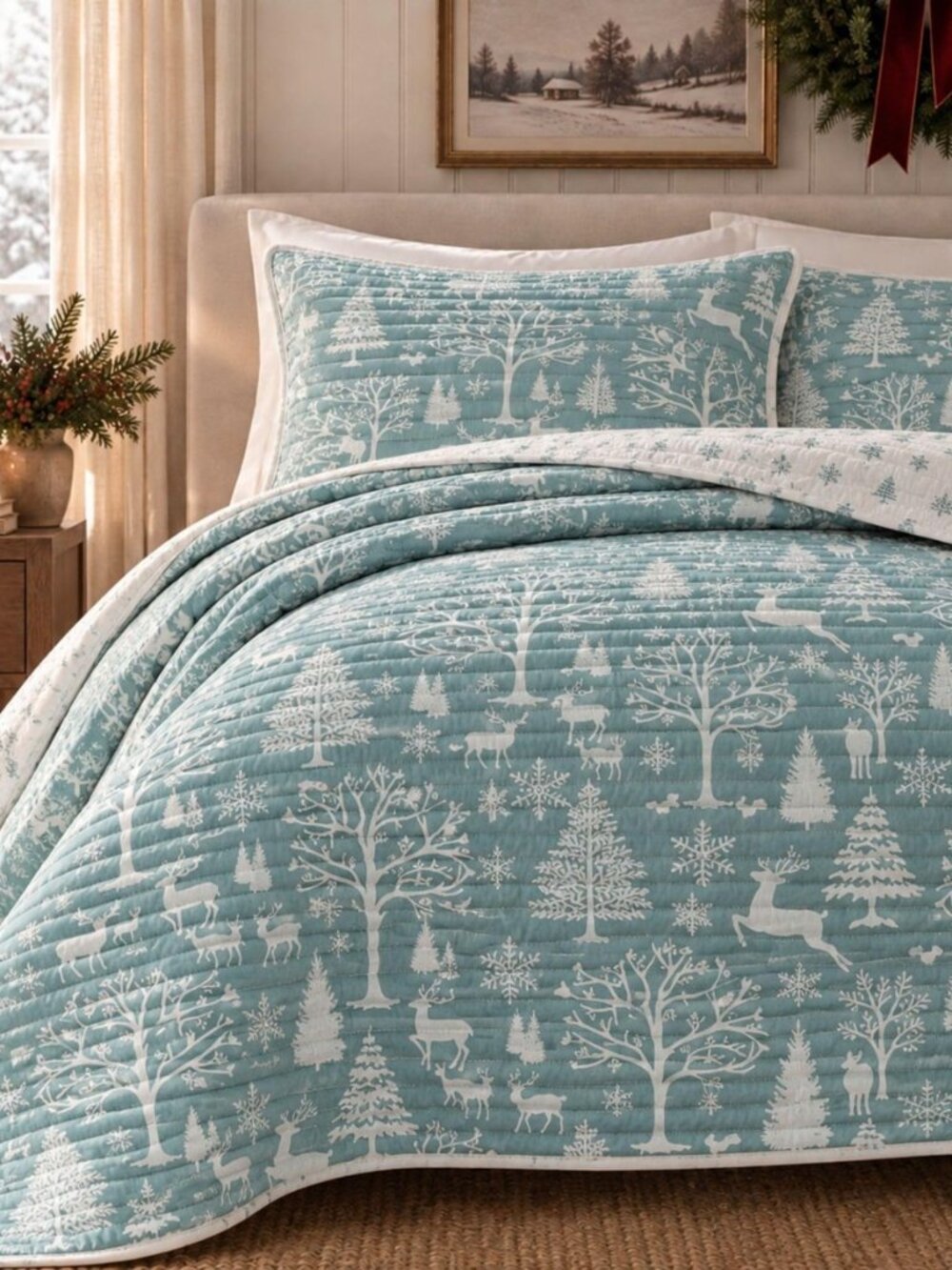 Winter Quilt Set King/Cal King, Reversible, Enchanted Woods - Blue